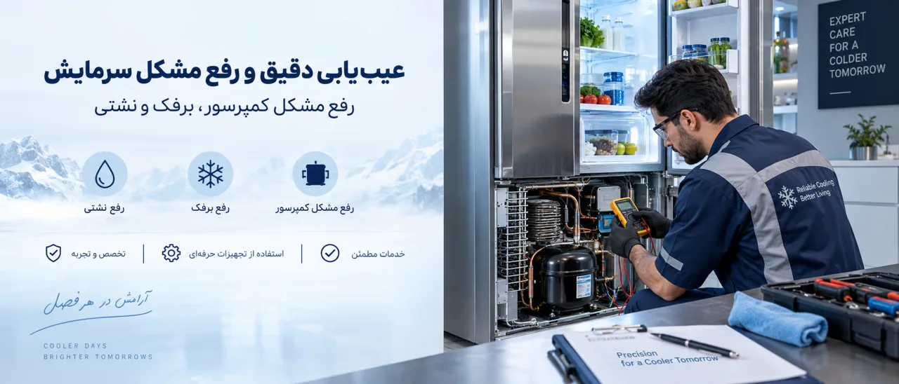 تکنسین با مولتی‌متر مدار کمپرسور و کندانسور پشت یخچال را اندازه‌گیری می‌کند