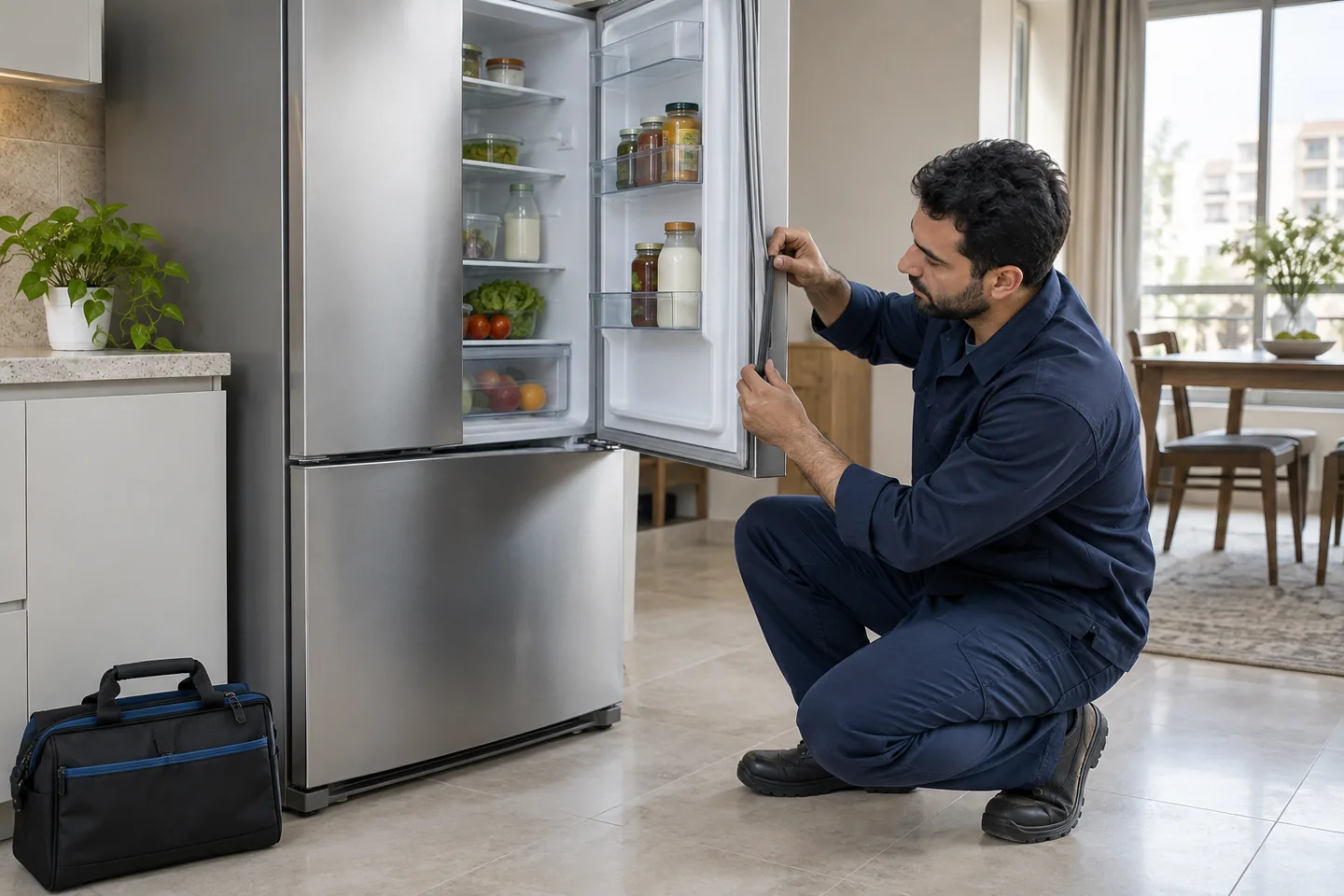 تعمیرکار در حال بررسی لاستیک درب یخچال فریزر در آشپزخانه منزل