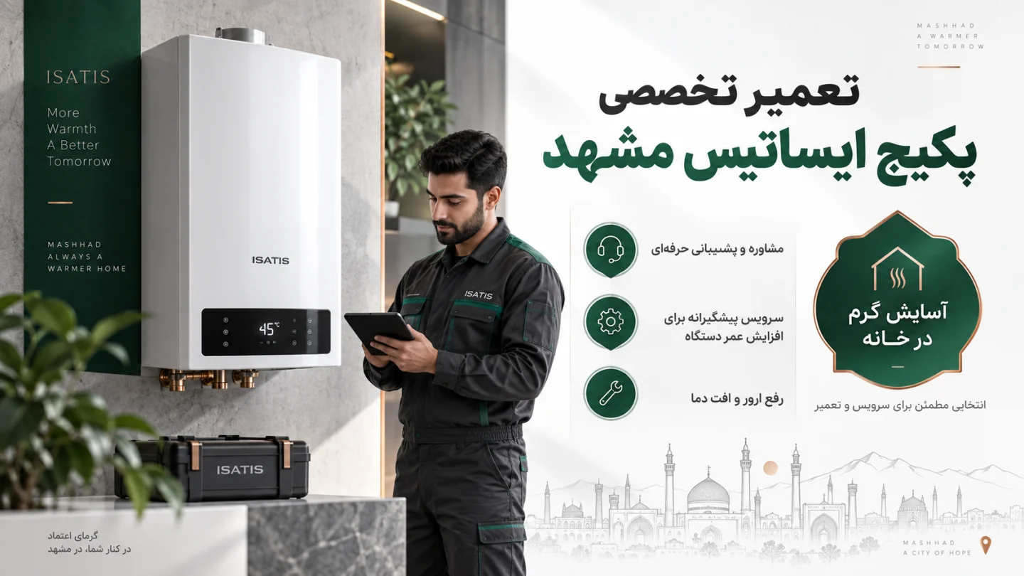 تصویر معرفی بررسی پکیج ایساتیس؛ تکنسین با تبلت کنار دستگاه دیواری