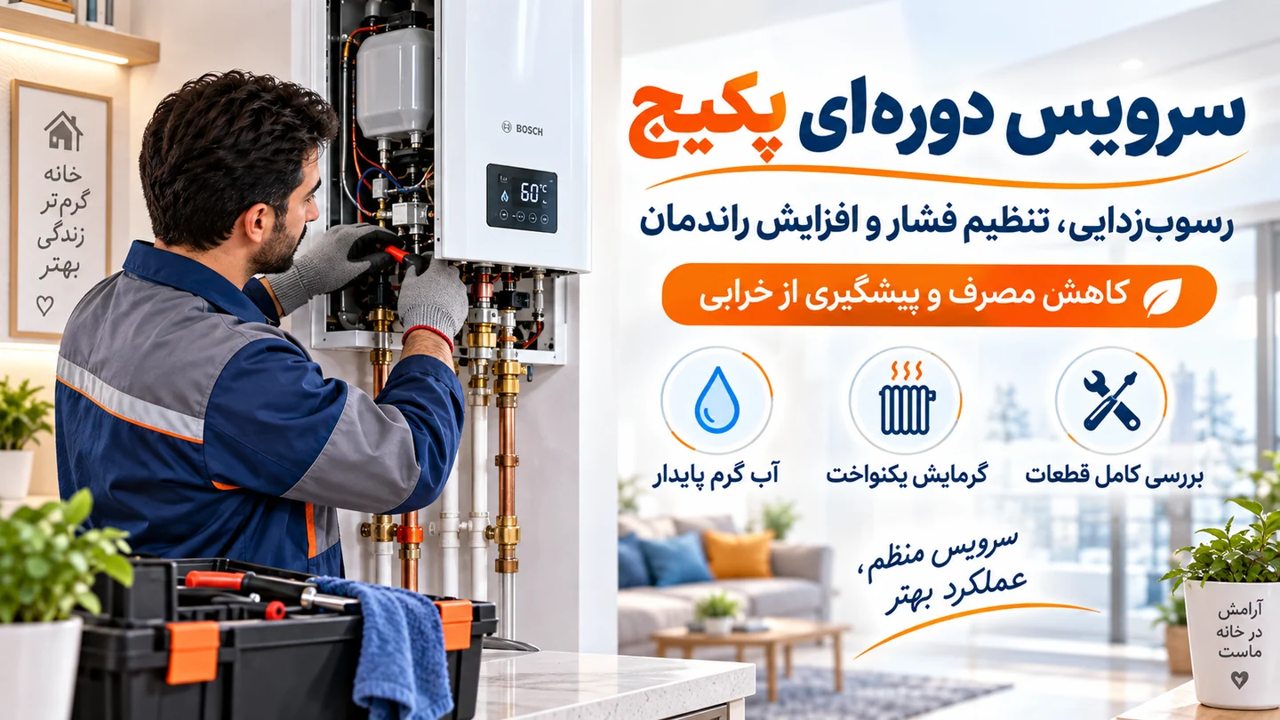 تکنسین هنگام سرویس دوره‌ای اجزای داخلی پکیج دیواری را بررسی و تنظیم می‌کند